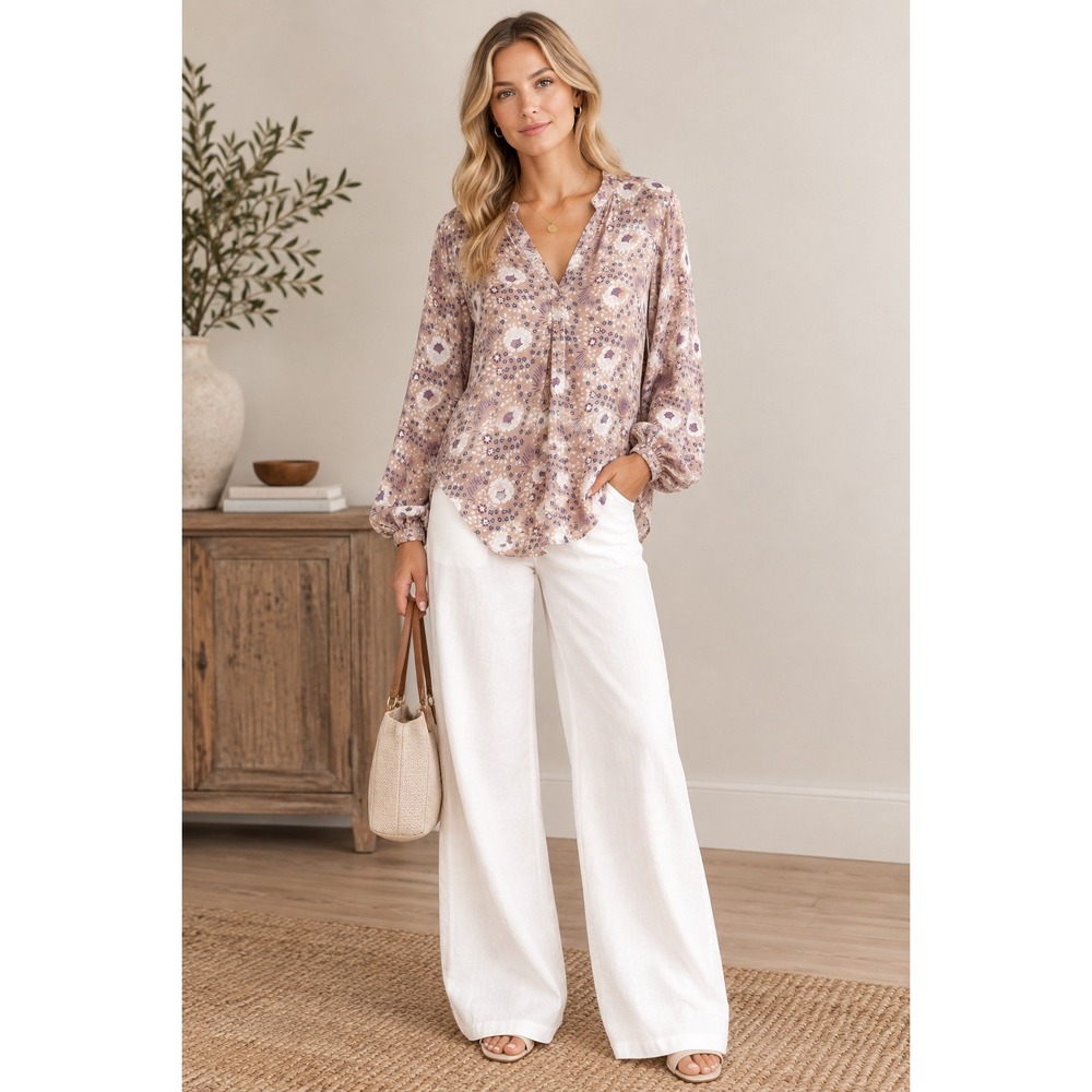 Natalie Martin Floral Print Blouse top Size M blush purple